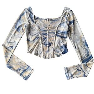 Antistar Women Y2K Mesh Corset Top Long Sleeve Size M Blue Marble Print  Retro
